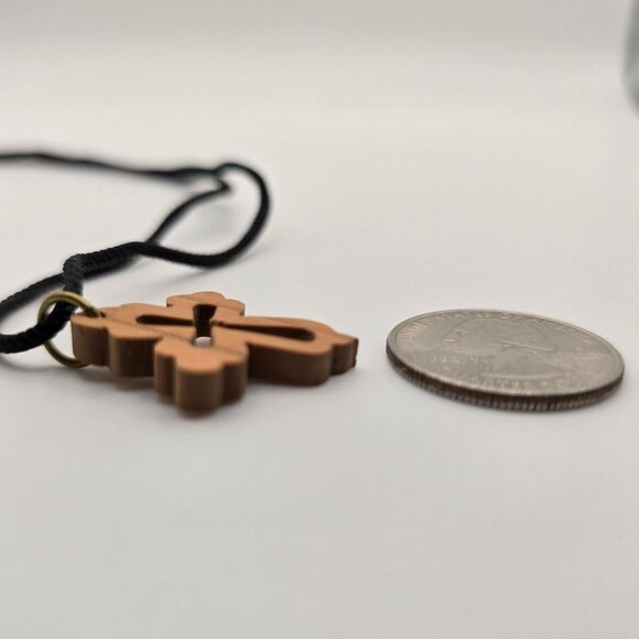 Religious Faith Jewelry Necklace Wooden Cross Charm Black Corded Rugged Ornate - Picture 3 of 4